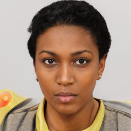 Neutral black young-adult female with short  black hair and brown eyes