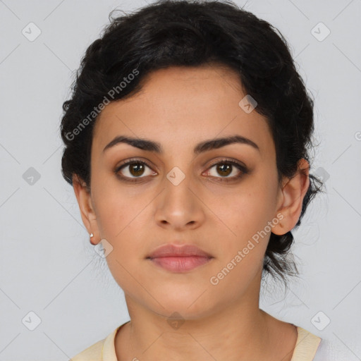 Neutral latino young-adult female with medium  black hair and brown eyes