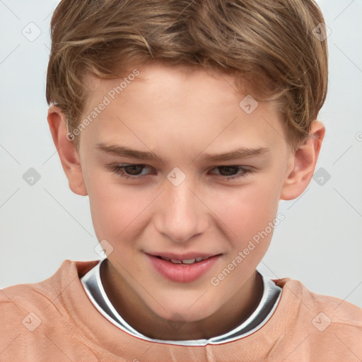 Joyful white child male with short  brown hair and brown eyes