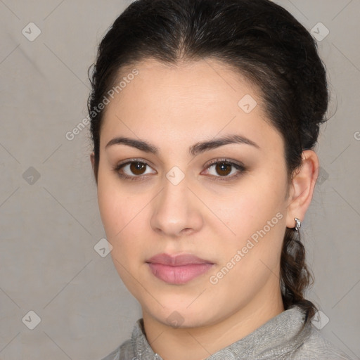 Neutral white young-adult female with medium  brown hair and brown eyes