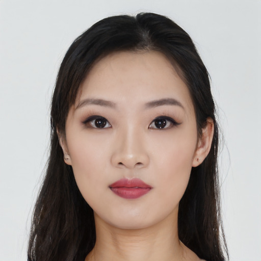 Neutral asian young-adult female with long  black hair and brown eyes