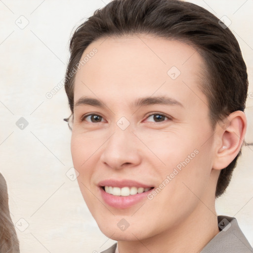 Joyful white young-adult female with short  brown hair and brown eyes