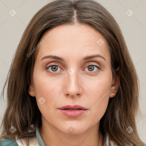 Neutral white young-adult female with medium  brown hair and grey eyes