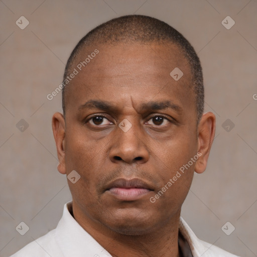 Neutral latino adult male with short  brown hair and brown eyes