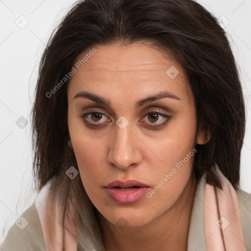 Neutral white young-adult female with long  brown hair and brown eyes