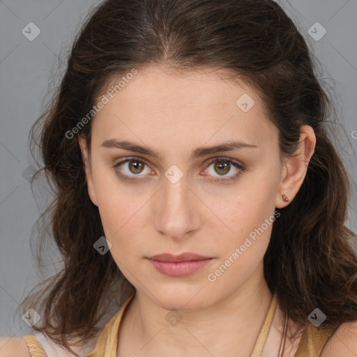 Neutral white young-adult female with medium  brown hair and brown eyes