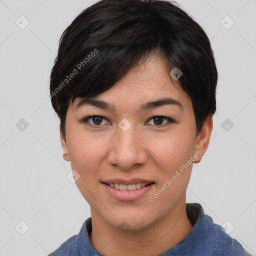 Joyful asian young-adult female with short  black hair and brown eyes