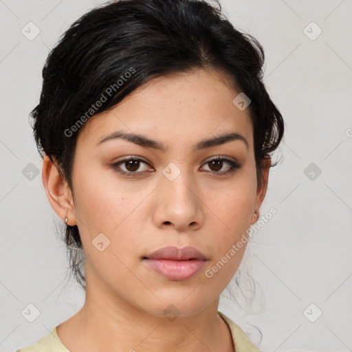 Neutral asian young-adult female with medium  brown hair and brown eyes