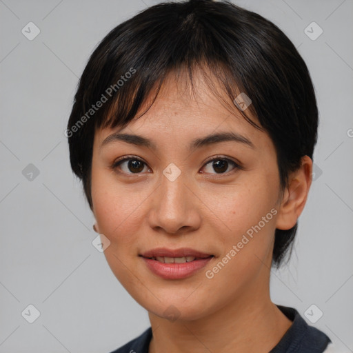 Joyful asian young-adult female with medium  brown hair and brown eyes