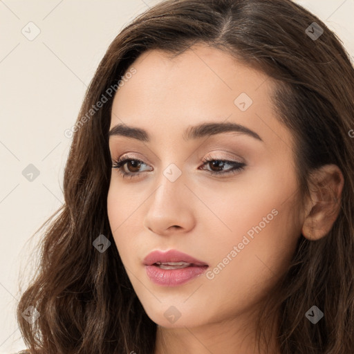 Neutral white young-adult female with long  brown hair and brown eyes