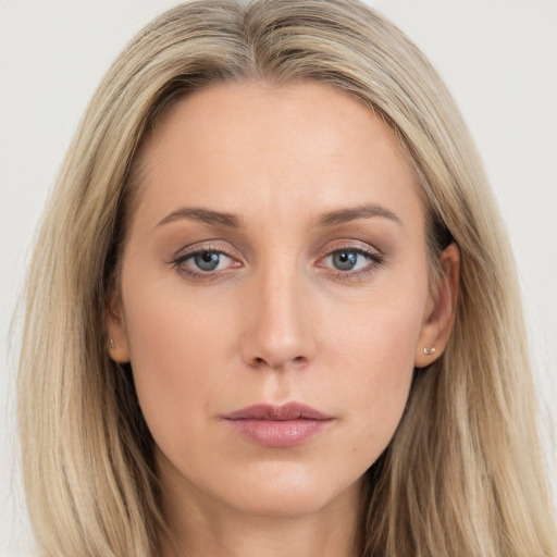 Neutral white young-adult female with long  brown hair and grey eyes