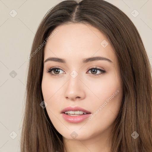 Neutral white young-adult female with long  brown hair and brown eyes