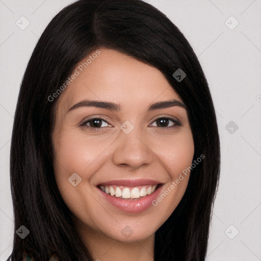 Joyful white young-adult female with long  black hair and brown eyes