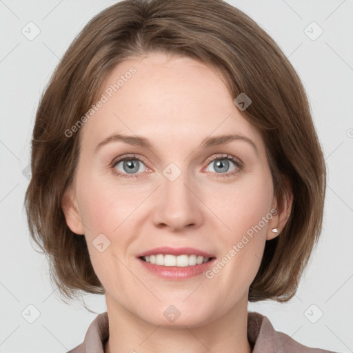 Joyful white young-adult female with medium  brown hair and blue eyes