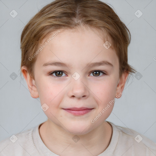 Joyful white child female with medium  brown hair and brown eyes