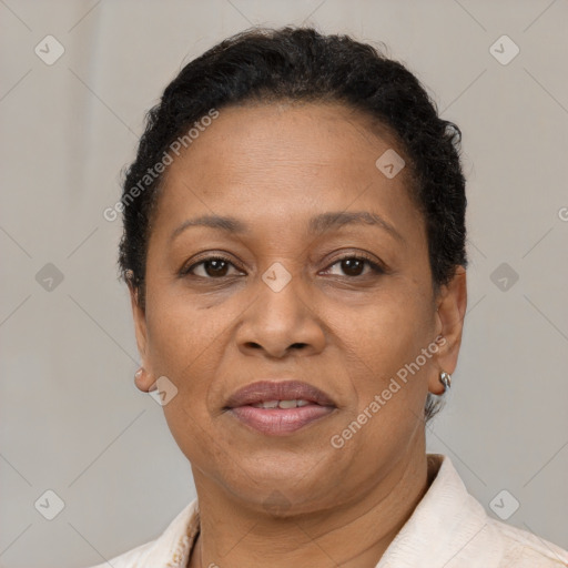 Joyful black adult female with short  brown hair and brown eyes