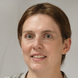 Joyful white adult female with medium  brown hair and grey eyes