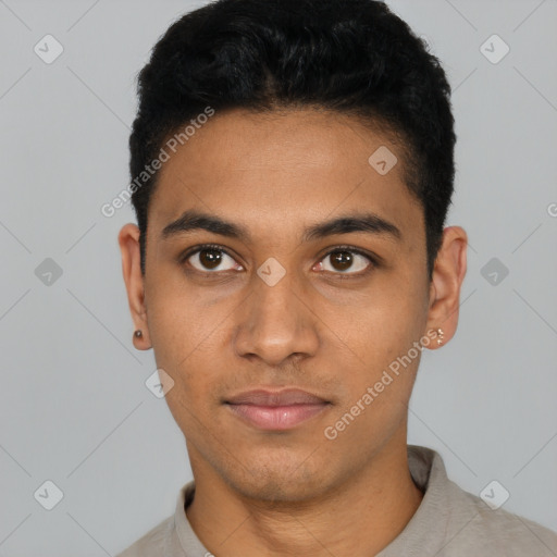 Neutral latino young-adult male with short  black hair and brown eyes