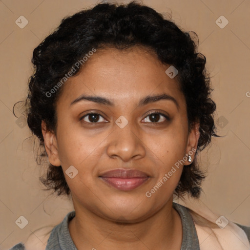 Joyful black young-adult female with medium  brown hair and brown eyes