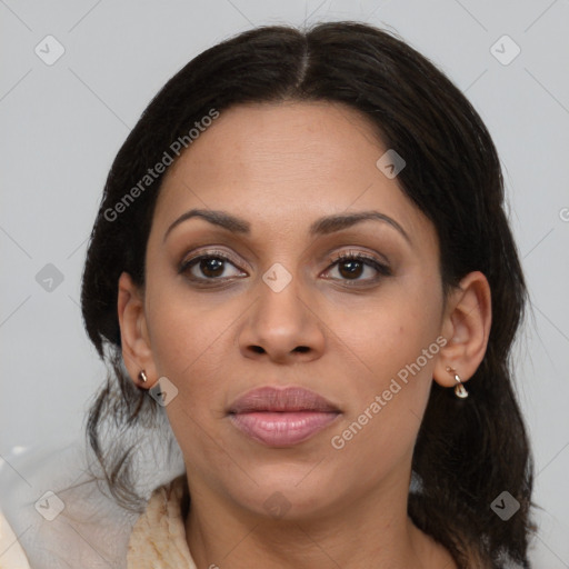 Joyful asian young-adult female with medium  brown hair and brown eyes