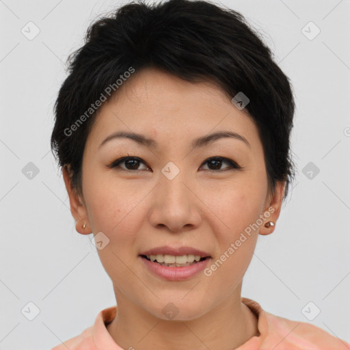 Joyful asian young-adult female with short  brown hair and brown eyes