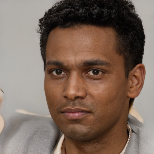 Neutral black young-adult male with short  black hair and brown eyes