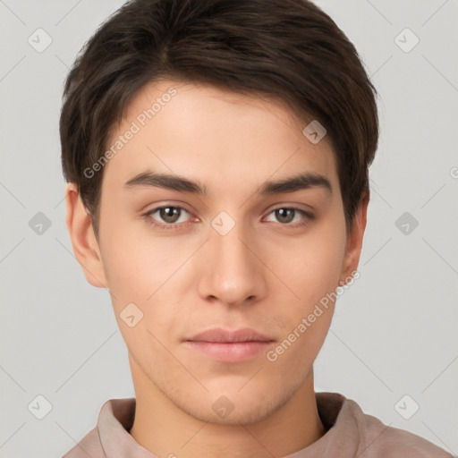 Neutral white young-adult male with short  brown hair and brown eyes