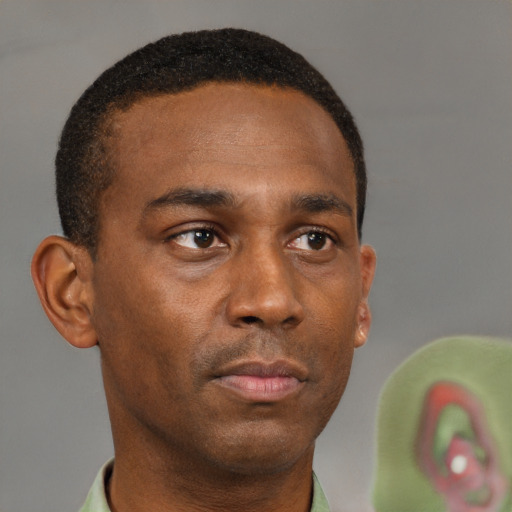 Neutral black young-adult male with short  brown hair and brown eyes