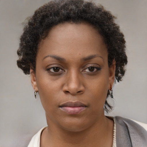Neutral black young-adult female with short  brown hair and brown eyes