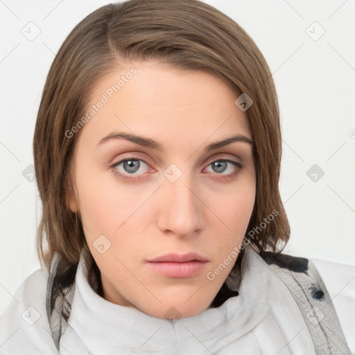 Neutral white young-adult female with medium  brown hair and grey eyes