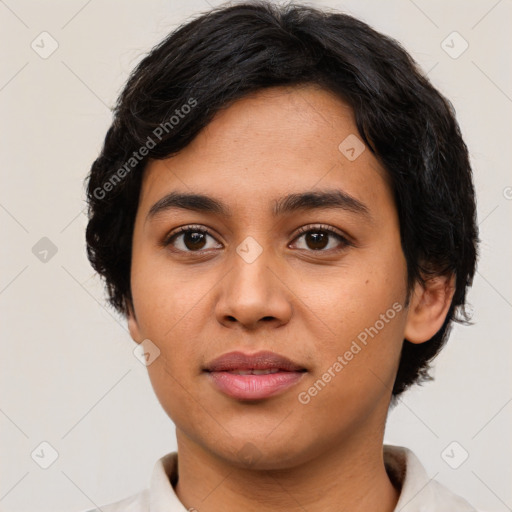 Joyful asian young-adult female with short  black hair and brown eyes