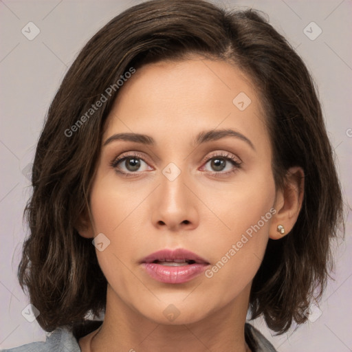 Neutral white young-adult female with medium  brown hair and brown eyes