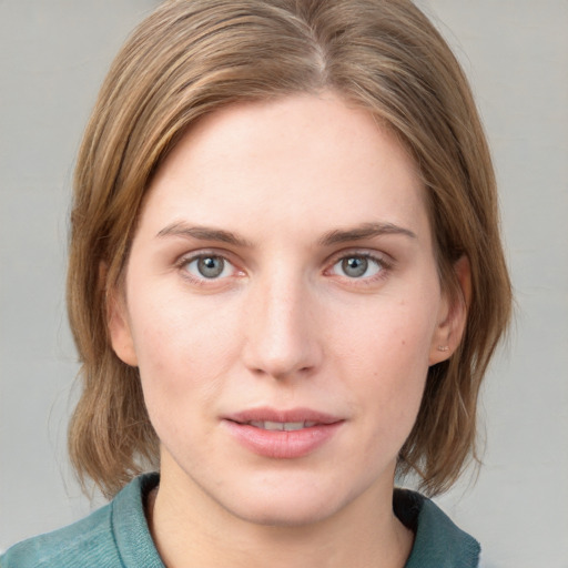 Neutral white young-adult female with medium  brown hair and blue eyes