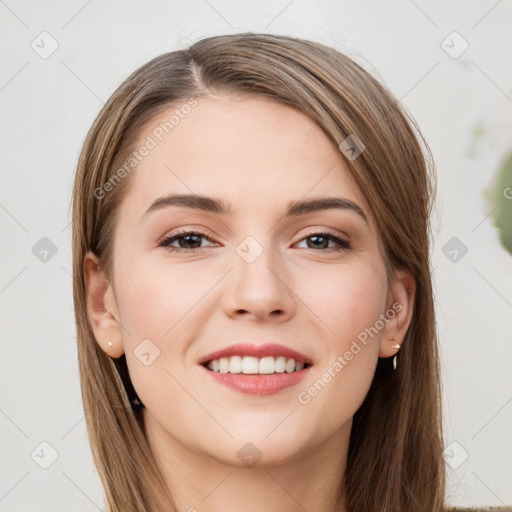 Joyful white young-adult female with long  brown hair and grey eyes