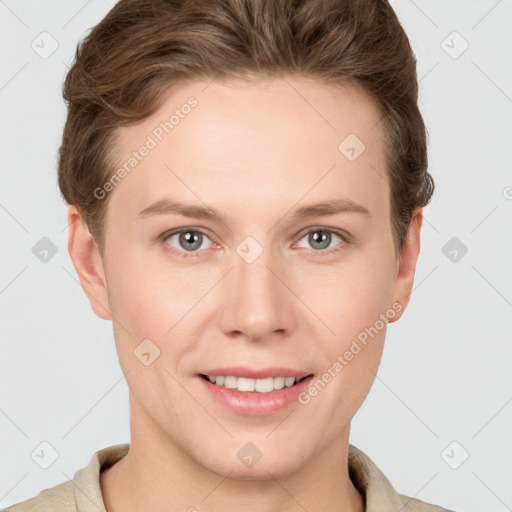 Joyful white young-adult female with short  brown hair and grey eyes