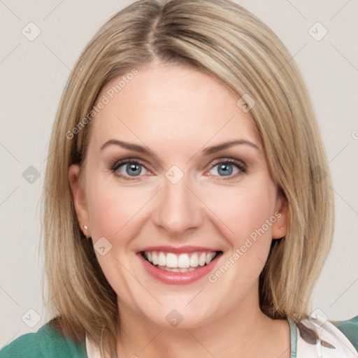 Joyful white young-adult female with medium  brown hair and blue eyes