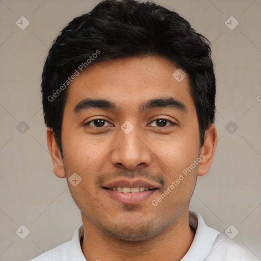 Joyful latino young-adult male with short  black hair and brown eyes