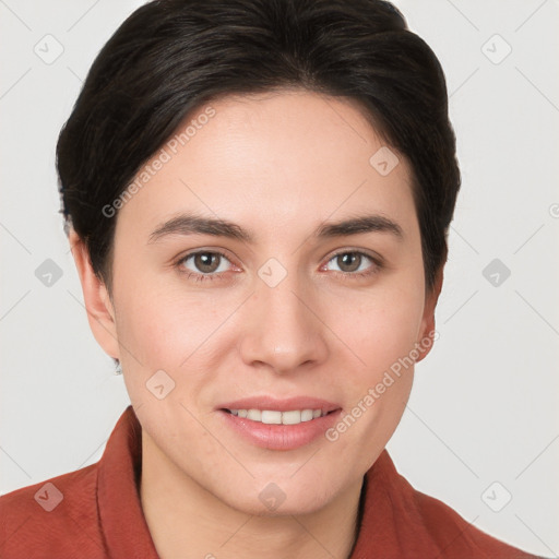 Joyful white young-adult female with short  brown hair and brown eyes