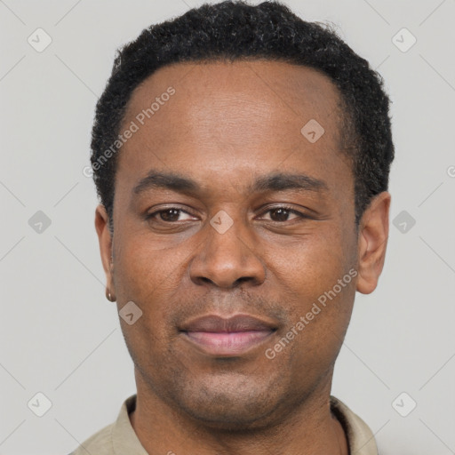 Neutral latino adult male with short  black hair and brown eyes