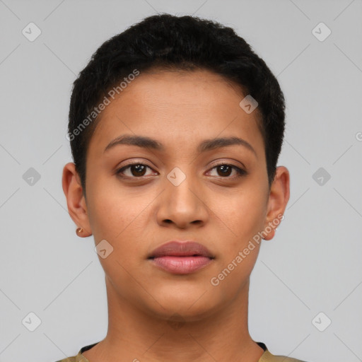 Neutral latino young-adult female with short  black hair and brown eyes