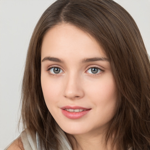 Neutral white young-adult female with long  brown hair and brown eyes