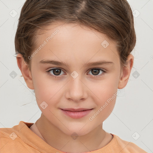 Joyful white child female with short  brown hair and brown eyes