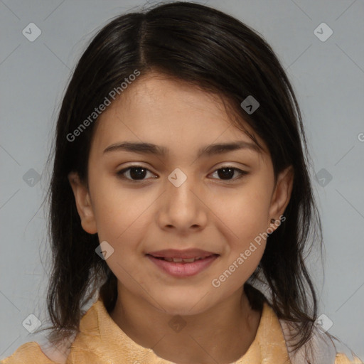 Joyful latino young-adult female with medium  brown hair and brown eyes