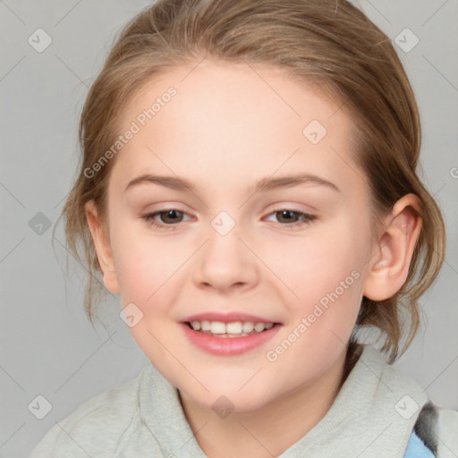 Joyful white child female with medium  brown hair and grey eyes