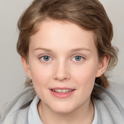 Joyful white child female with medium  brown hair and brown eyes