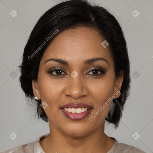 Joyful black young-adult female with medium  brown hair and brown eyes