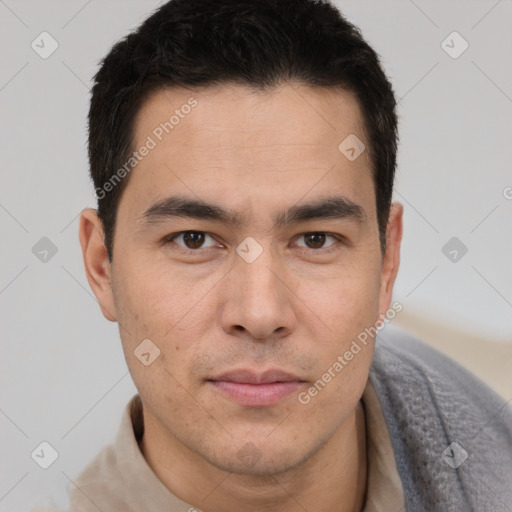 Neutral latino young-adult male with short  brown hair and brown eyes