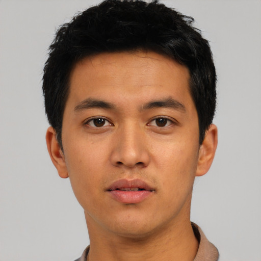 Neutral asian young-adult male with short  black hair and brown eyes