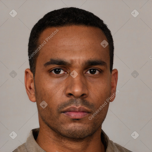 Neutral black young-adult male with short  black hair and brown eyes