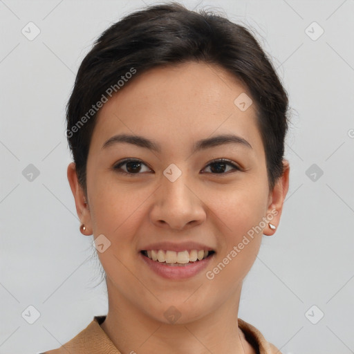 Joyful latino young-adult female with short  brown hair and brown eyes